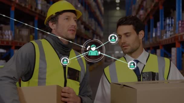 Animation Network Connections Icons Men Working Warehouse Global Online Shopping — Stock Video