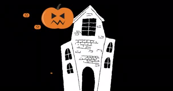 Animation Eines Geisterhauses Über Fallenden Kürbissen Auf Dunklem Hintergrund Halloween — Stockvideo