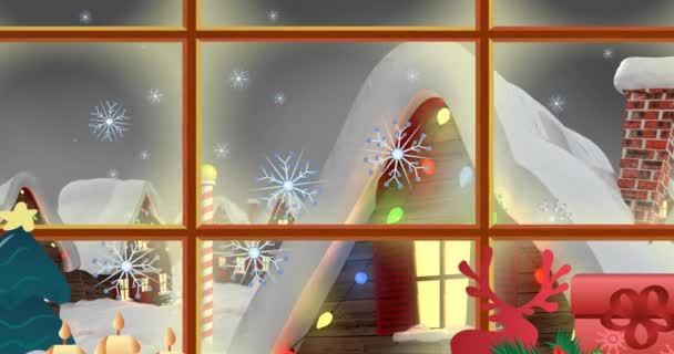 Κινούμενο Σχέδιο Χειμερινού Τοπίου Θέα Από Παράθυρο Χριστούγεννα Χειμώνας Παράδοση — Αρχείο Βίντεο