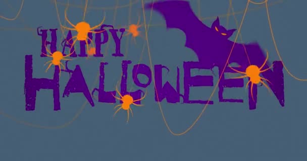 Animatie Van Vrolijke Halloween Tekst Spinnen Vleermuis Halloween Traditie Viering — Stockvideo