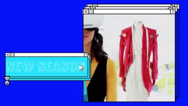 Animering Säsong Text Staplade Fönster Med Leende Kvinnliga Modedesigner Headset — Stockvideo