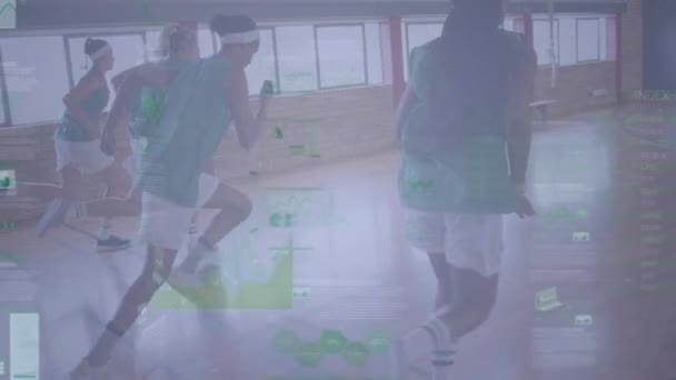 Анимация Обработки Финансовых Данных Над Баскетболистами Глобальный Спорт Конкуренция Концепция — стоковое видео