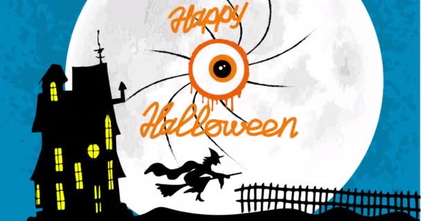 Animación Texto Feliz Halloween Sobre Casa Embrujada Bruja Voladora Halloween — Vídeo de stock