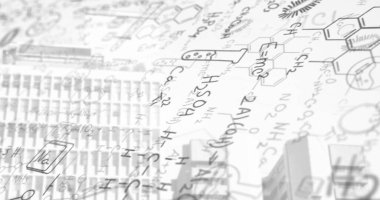 Şehir manzarası üzerinde matematiksel formüllerin resmi. küresel iş, finans, dijital arayüz ve bağlantılar konsepti dijital olarak oluşturulmuş görüntü.