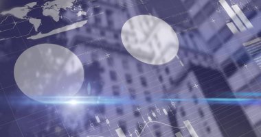 Arka planda şehir manzarasına karşı mali ve istatistiksel veri işleme. küresel finans ve iş teknolojisi kavramı