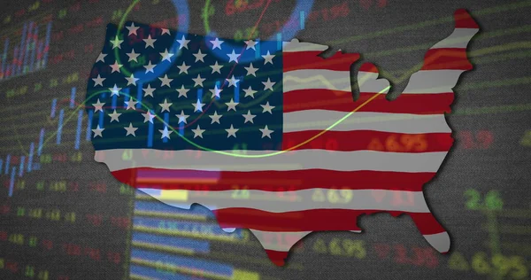 Bild Finansiell Databehandling Över Karta Över Usa Med Amerikansk Flagga — Stockfoto