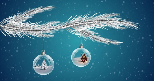 Bild Von Christbaumkugeln Baumeln Vom Weihnachtsbaum Und Mehrere Schneeflocken Fallen — Stockfoto