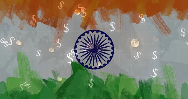 Imagem Bandeira Índia Dólares Americanos Cair Conceito Finanças Economia Imagem — Fotografia de Stock