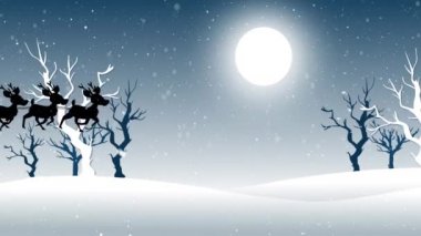 Kar, kızakla Noel Baba 'ya doğru yağarken ren geyikleri tarafından kış manzarası boyunca çekiliyor. Noel şenliği ve kutlama konsepti