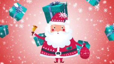 Düşen karın animasyonu ve Noel Baba 'nın hediyeleri. Noel, kış, gelenek ve kutlama konsepti dijital olarak oluşturulmuş video.