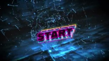 Mavi ekranda tekrarlanan neon harflerle başlangıç metninin canlandırması. Video oyunu, dijital arayüz ve dijital olarak oluşturulmuş iletişim konsepti.