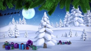 Kar üzerine düşen yeşil ağaç dalları kış manzarasında gece gökyüzüne karşı. Noel şenliği ve kutlama konsepti