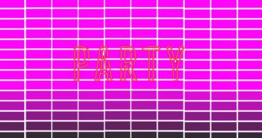 Mor arkaplan üzerinde parti zamanı metninin animasyonu. parti, müzik ve eğlence konsepti dijital olarak oluşturulmuş video.