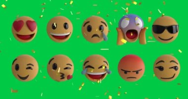 Yeşil arkaplana konfetilerin düşmesi üzerine emoji simgelerinin canlandırılması. küresel sosyal medya ve iletişim konsepti dijital olarak oluşturulmuş video.
