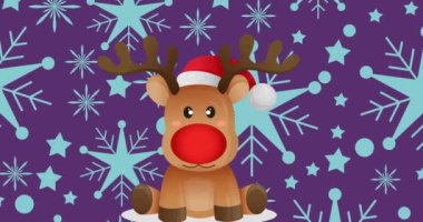 Mor arka planda ren geyiği ve mavi kar taneleriyle Noel süslemesi. Noel, gelenek ve kutlama konsepti dijital olarak oluşturuldu.