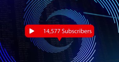 Abone metinlerinin animasyonu siyah arkaplan üzerinde dönen mavi çizgiler üzerinde. Sosyal medya mesajlaşması ve küresel iletişim teknolojisi konsepti dijital olarak oluşturulmuş video.