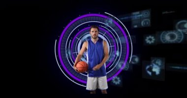 Siyah arka planda tarama yapan beyaz erkek basketbolcunun animasyonu. spor, bağlantılar ve dijital arayüz konsepti dijital olarak oluşturulmuş video.