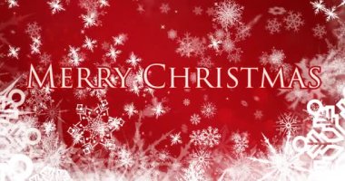 Kırmızı arka planda, mutlu noel mesajlarının üzerine düşen kar animasyonu. Noel, gelenek ve kutlama konsepti dijital olarak oluşturuldu.