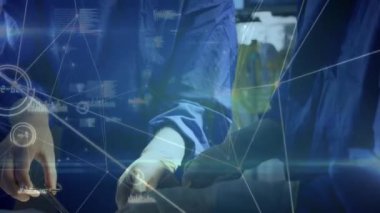 Ameliyathanedeki cerrahlar üzerinden bağlantı ve veri işleme ağının animasyonu. Dijital olarak üretilen tıbbi ve sağlık teknolojisi kavramı.