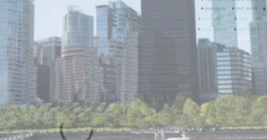 Şehir manzarası üzerindeki istatistik ve finansal veri işleme animasyonları. küresel iş, finans, veri işleme ve dijital arayüz kavramı dijital olarak oluşturulmuş video.