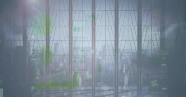 Modern ofiste yürüyen çeşitli iş adamları üzerinde finansal veri işleme animasyonu. küresel iş, finans, bağlantılar ve dijital arayüz konsepti dijital olarak oluşturulmuş video.