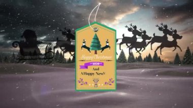 Kış manzarası boyunca kızakta Noel Baba 'nın Noel Baba' yı selamlamasıyla birlikte hediye etiketinin animasyonu. Noel, gelenek ve kutlama konsepti dijital olarak oluşturuldu.