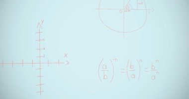 Mavi arkaplan üzerinde matematiksel denklemlerin animasyonu. küresel eğitim, bağlantılar, veri işleme ve teknoloji konsepti dijital olarak oluşturulmuş video.