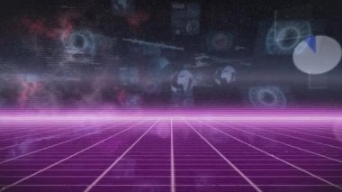 Siyah ve mor alanda hareket eden ekran çeşitliliğinin animasyonu. iletişim teknolojisi dijital arayüz konsepti dijital olarak oluşturulmuş video.