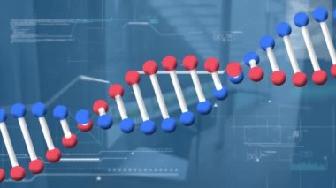 Mavi zemin üzerinde çeşitli veriler üzerinde dönen DNA zincirinin animasyonu. Bilim, dijital arayüz ve teknoloji konsepti dijital olarak oluşturulmuş video.