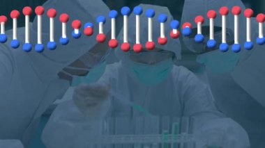 Laboratuvardaki bilim adamları üzerinde dönen DNA iplikçiklerinin animasyonu. küresel bilim, bağlantılar, veri işleme ve dijital arayüz kavramı dijital olarak oluşturulmuş video.