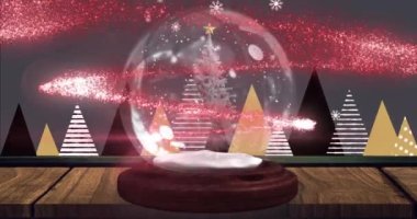 Kar yağışının animasyonu ve ağaçların ve kar küresinin üzerinde gri arka planda parlayan noktalar. Noel, gelenek ve kutlama konsepti dijital olarak oluşturuldu.