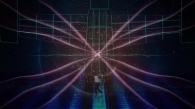 Parlayan noktaların ve insan dansının olduğu ışıklı patikaların animasyonu. müzik, kulüp, parti ve eğlence konsepti dijital olarak oluşturulmuş video.