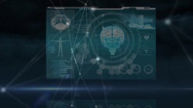 Siyah arka planda bağlantı ağının ve veri işleme ağının animasyonu. küresel iş, bağlantılar ve dijital arayüz konsepti dijital olarak oluşturulmuş video.