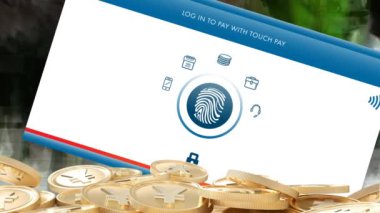 Dokunmatik ödeme ve Wi-Fi ikonu ile ekranda altın yenlerin canlandırılması. küresel çevrimiçi ödeme, iş, finans, veri işleme ve dijital arayüz kavramı dijital olarak oluşturulmuş video.