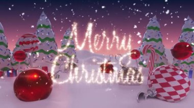 Mutlu noel mesajları ve kar, kış manzarasında Noel süsleri ve ağaçların üzerine yağıyor. Noel şenliği ve kutlama konsepti