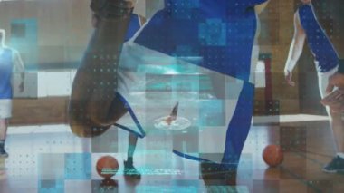 Basketbol takımının ekranlarındaki bilimsel verilerin animasyonu. bilgisayarlar, küresel ağlar, bağlantılar, veri işleme ve dijital arayüz kavramı dijital olarak oluşturulmuş video.