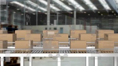 Arkadaki taşıma bantlarındaki karton kutuların üzerinden geçen istatistiklerin canlandırması. küresel gönderim ve bağlantılar konsepti dijital olarak oluşturulmuş video.