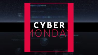 Çoklu yuvarlak tarayıcılar ve veri işleme karşı siber pazartesi metin afişi dijital animasyonu. satış indirimi ve perakende iş konsepti