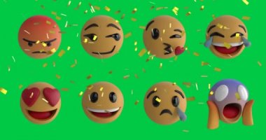 Yeşil ekran üzerine emoji simgeleri üzerine konfetilerin düşüşünün animasyonu. küresel sosyal medya, kutlama ve iletişim konsepti dijital olarak oluşturulmuş video.