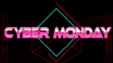 Siyah arkaplanda renkli geometrik şekiller üzerine siber pazartesi metinlerinin animasyonu. Video oyunu, eğlence ve dijital arayüz kavramı dijital olarak oluşturuldu.