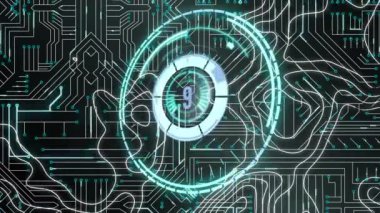 Geri sayım animasyonu ve entegre devre üzerinde izohipsyonlar. bilgisayarlar, küresel ağlar, bağlantılar, veri işleme ve dijital arayüz kavramı dijital olarak oluşturulmuş video.