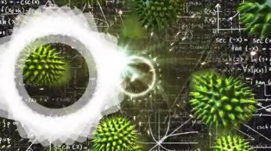 Şekillerin animasyonu, matematiksel denklemler ve siyah arkaplan üzerindeki hücreler. küresel bağlantılar, iletişim ve teknoloji konsepti dijital olarak oluşturulmuş video.