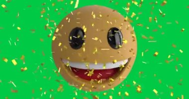 Yeşil ekran arka planında gülen emoji simgesinin üzerine düşen konfeti animasyonu. Dijital ortamda oluşturulan sosyal medya, iletişim ve kutlama konsepti.