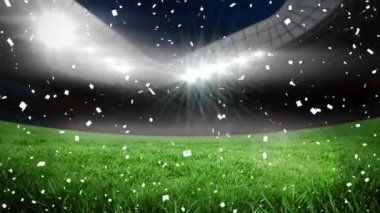 Geceleri spor stadyumunda yüzen konfeti animasyonu. Spor, rekabet ve zafer konsepti dijital olarak oluşturulmuş video.