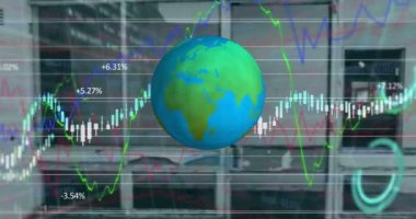 Borsa üzerinde dönen küresel simge ve boş ofise karşı finansal veri işleme. küresel ekonomi ve iş kavramı