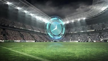 Spor stadyumunda ilerleyen saatin animasyonu. spor, bağlantılar ve yarışma konsepti dijital olarak oluşturulmuş video.