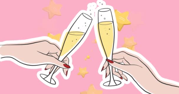 Animatie Van Zwevende Gouden Start Cartoon Handen Met Glazen Champagne — Stockvideo