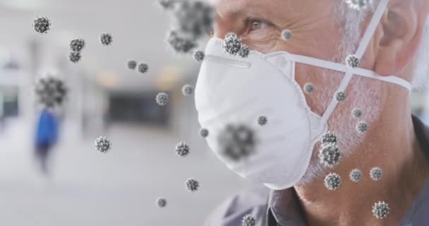 Animacja Komórek Przeciw Starszemu Mężczyźnie Noszącemu Maskę Globalna Koncepcja Pandemii — Wideo stockowe