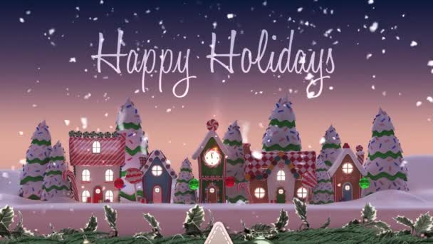 Fijne Feestdagen Tekst Sneeuw Vallen Meerdere Huizen Het Winterlandschap Kerstfeest — Stockvideo