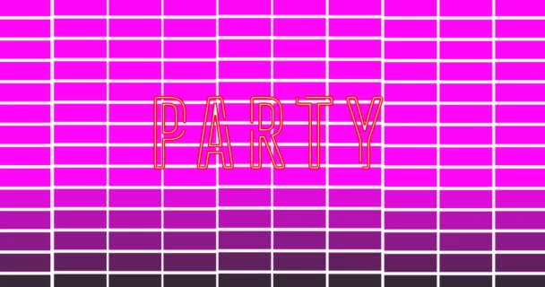 紫色の背景にグリッド上のパーティータイムテキストのアニメーション パーティーや音楽やエンターテイメントのコンセプトをデジタルで生成し — ストック動画